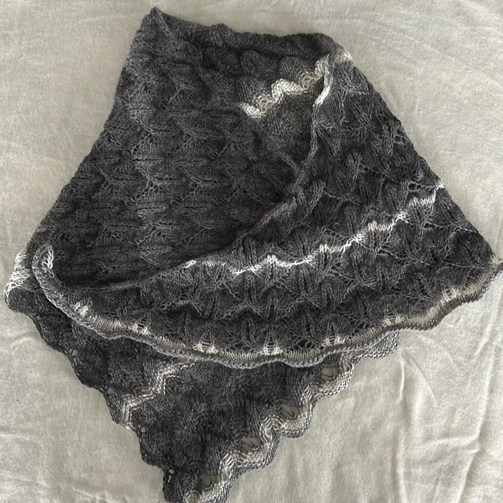 Hand-knit shawl in black, gray, and white